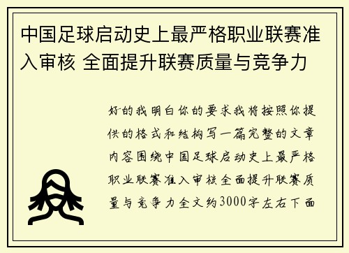 中国足球启动史上最严格职业联赛准入审核 全面提升联赛质量与竞争力