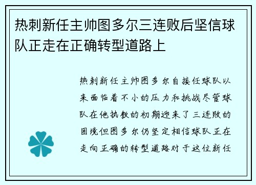 热刺新任主帅图多尔三连败后坚信球队正走在正确转型道路上 热刺新任主帅图多尔三连败后坚信球队正走在正确转型道路上