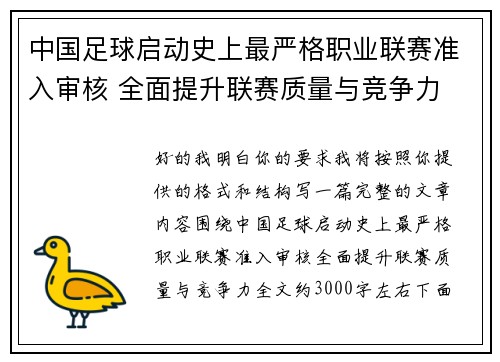 中国足球启动史上最严格职业联赛准入审核 全面提升联赛质量与竞争力